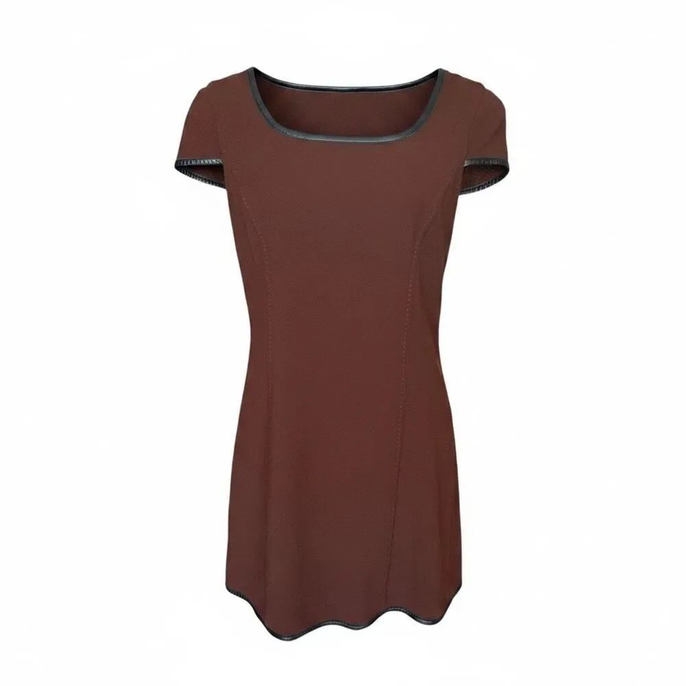 Rachel Zoe Dress Brown Wool Short Cap Sleeves Mini Leather Trim Solid Womens 6